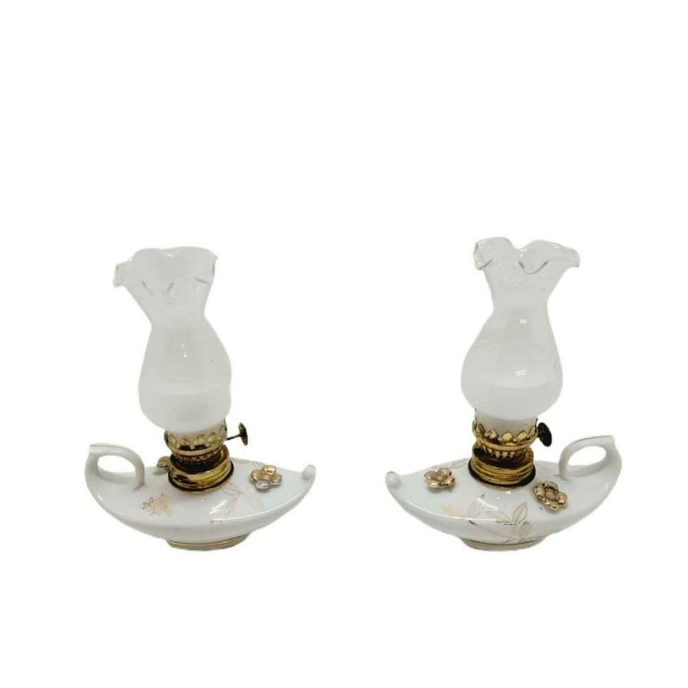 2pc VTG Japan Ceramic Porcelain Glass Oil  Kerosene Finger Holder Lamp Genie